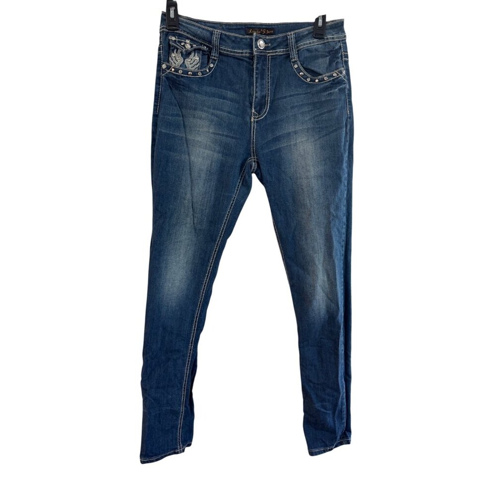 Liuces Womens Embellished Stretch Jeans Size 12 Blue Distressed Rhinestone Detai - Picture 2 of 9